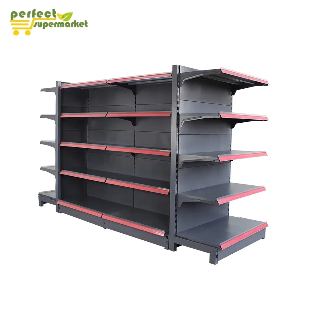 Metallic Single/Double-Sided Gondola Display Stand Freestanding Solid Shelf for Supermarket & Retail Stores