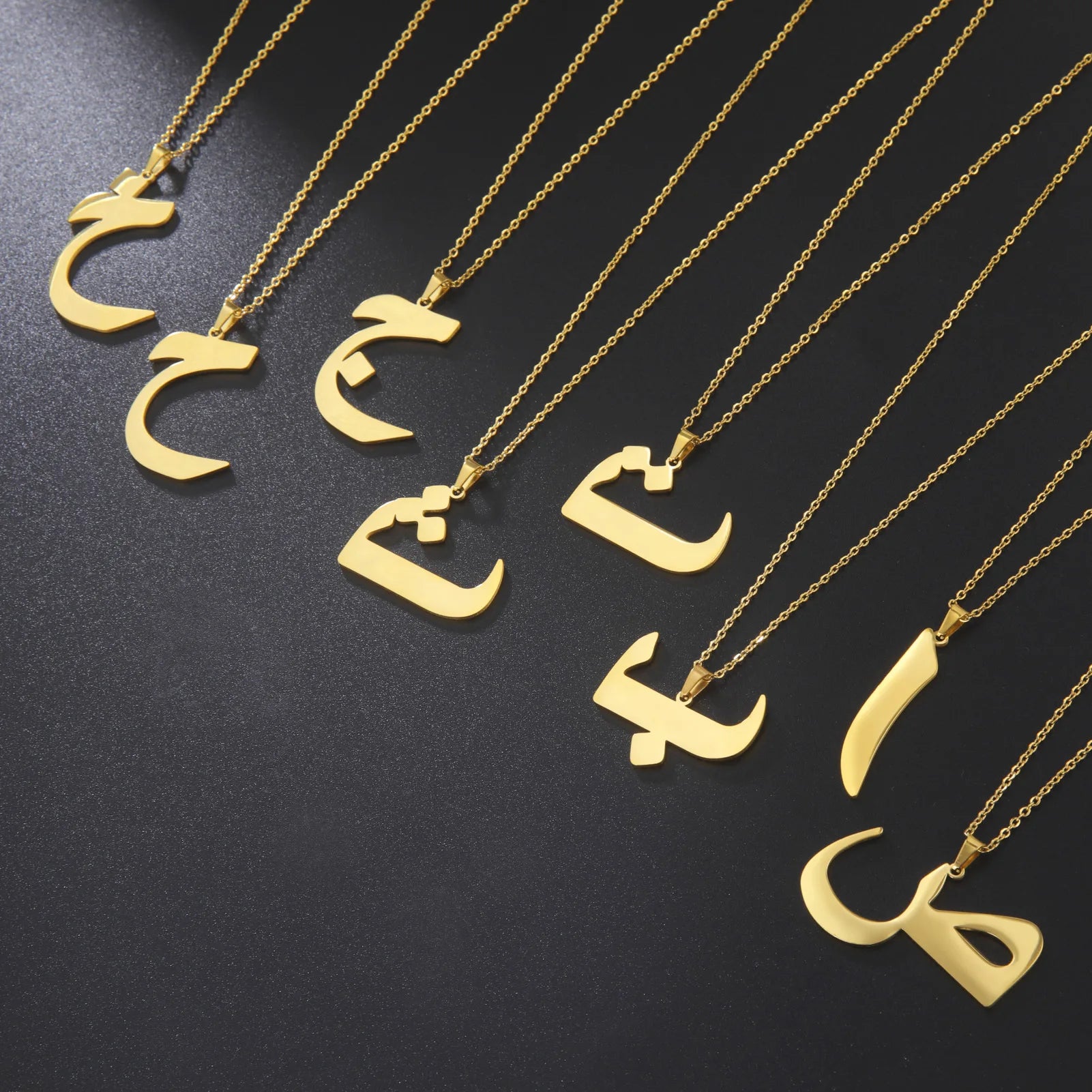 Hot Sale Creative Cut Polished Pendant Necklace Gold Stainless Steel Necklace 28 Arabic Letters Pendant Necklace Gifts for Women
