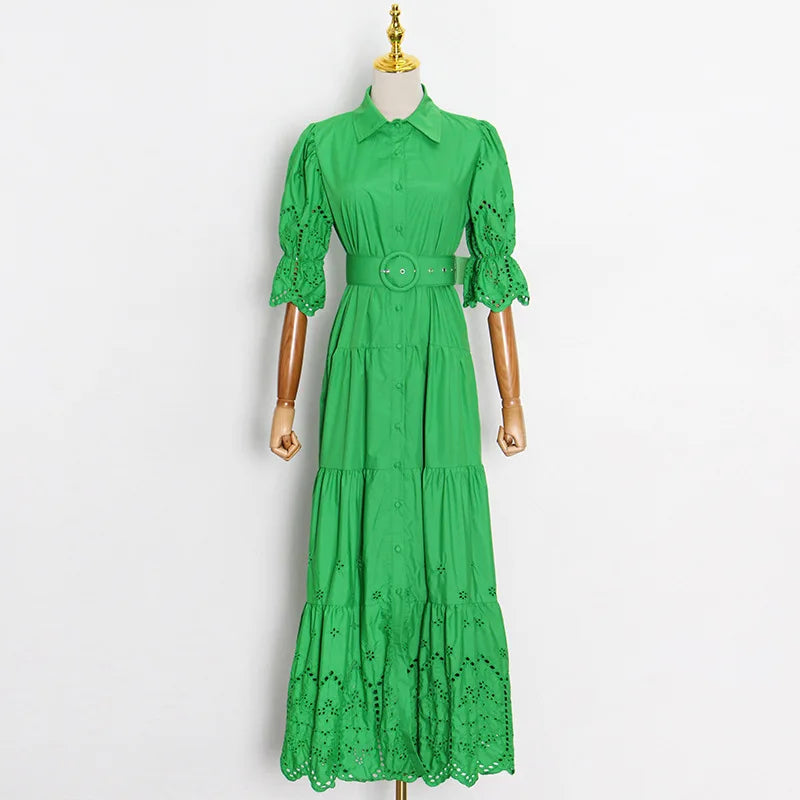 Soild Female Beach Maxi Dresses Elegant Lace Vestido Belted Long Casual Dress