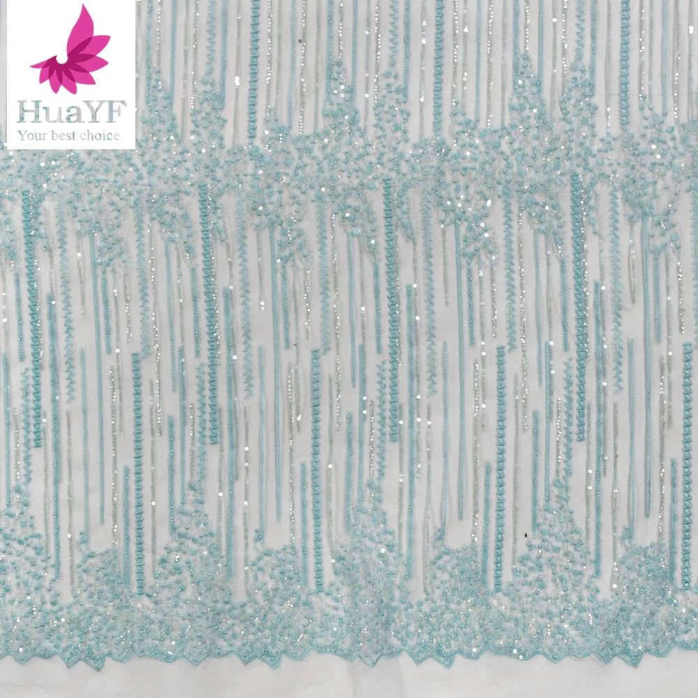 2021 New African Green 3d Sequins Beaded Lace Fabric for Aso Ebi Embroidery Tulle Uganda Lace Dress Fabric HY0896-2