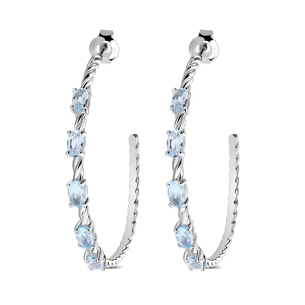Abiding Natural Sky Blue Topaz Stone Fashion Korean 925 Sterling Silver Jewelry Bridal Hoop Earrings for Women Wedding
