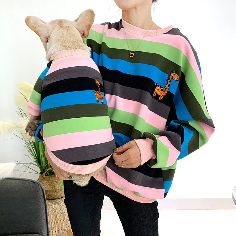 GMTPET Color Stripes Pet Dog Clothes Winter Thick Dog Accessories Cotton Ladies Sweater Matching Dog and Human Clothes