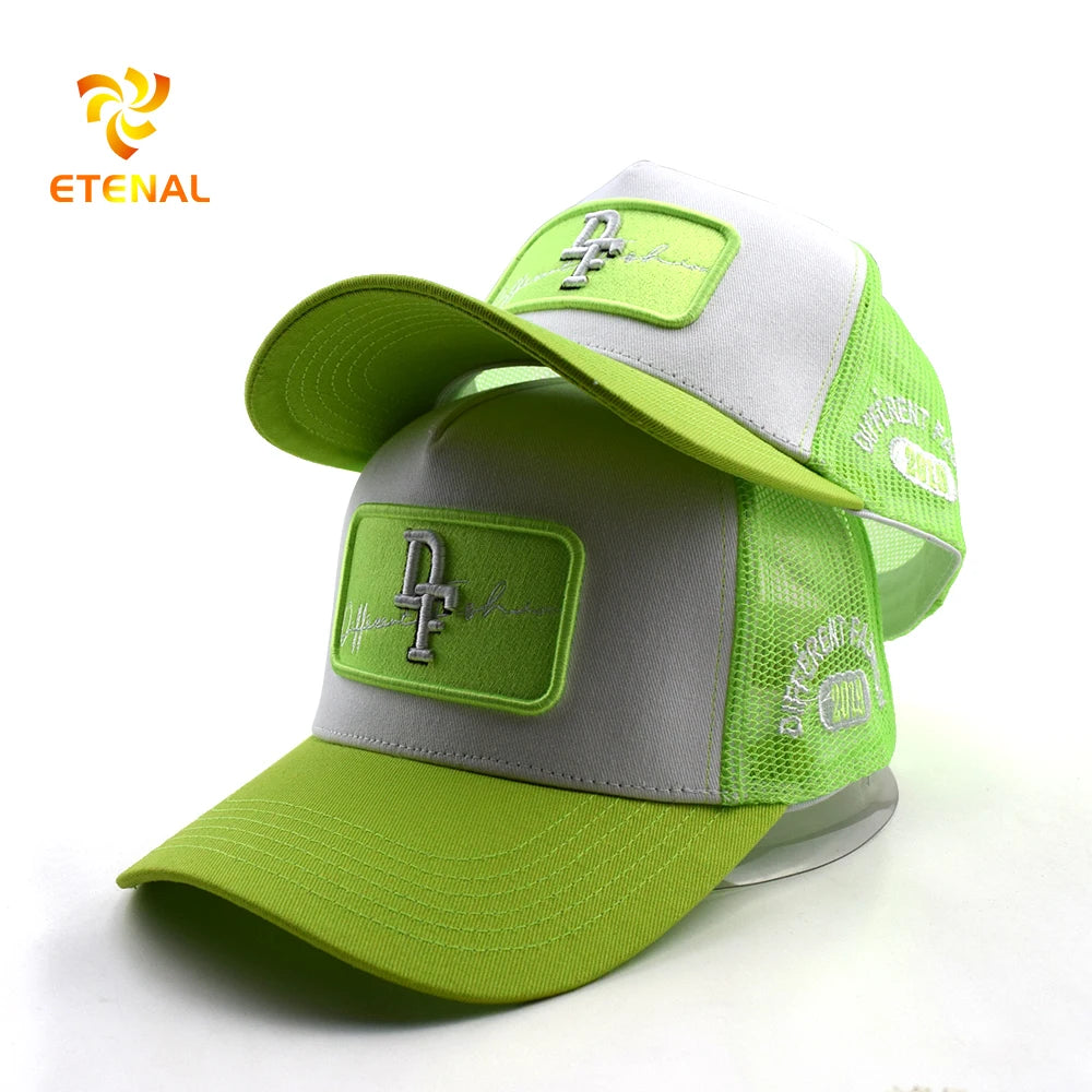 Custom 3D Embroidered Oxford Cotton Trucker Baseball Cap Leopard Dot Two-Tone Neon Green Brim Mesh White Panels Unisex Snap Back