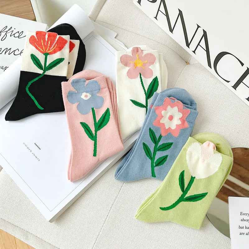 Spring Women Stereo Sunflower Branches Cotton Crew Socks Artistic Hosiery