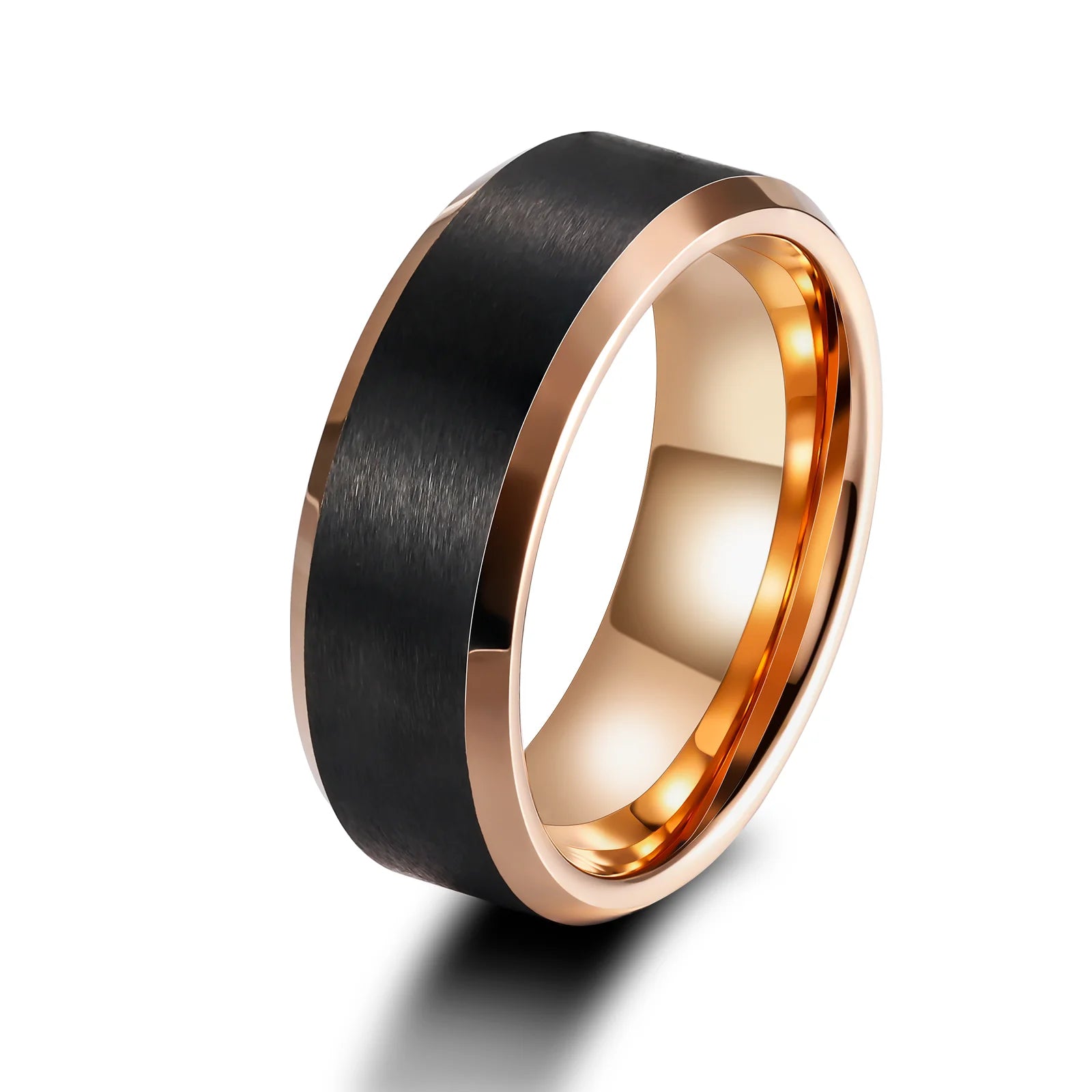 OAHLAN Customized Fashion Jewelry 8mm Rose Gold Bevel Edge Black Plated Brushed Tungsten Carbide Rings for Men Wedding Gift