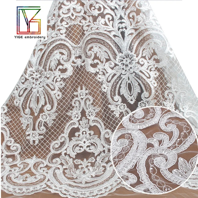 New Hot Sale Fancy Design White Flat Embroidery Luxury Cord Sequins Net Lace Fabric for Bridal Fabric