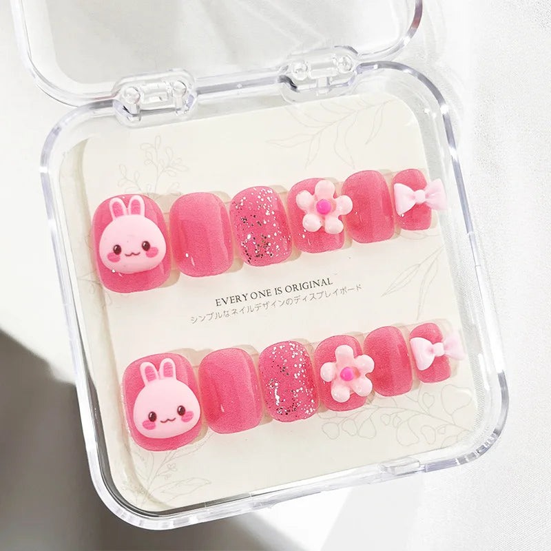 BIN New Arrivals Jelly Glue Children's12pcs a Box Cute Pink French 3D ABS Nail Tips for Kids Little Girl Press on Nails