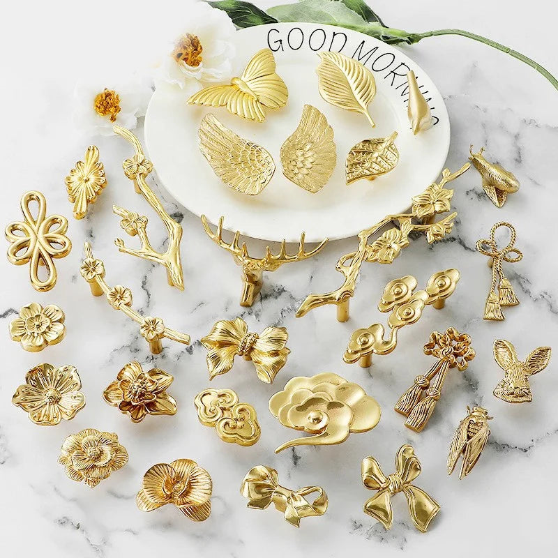 Hot Sale Creative Bow Cloud Flower Animal butterfly Gold Furniture Handle Cabinet Brass Knobs Drawer Pull