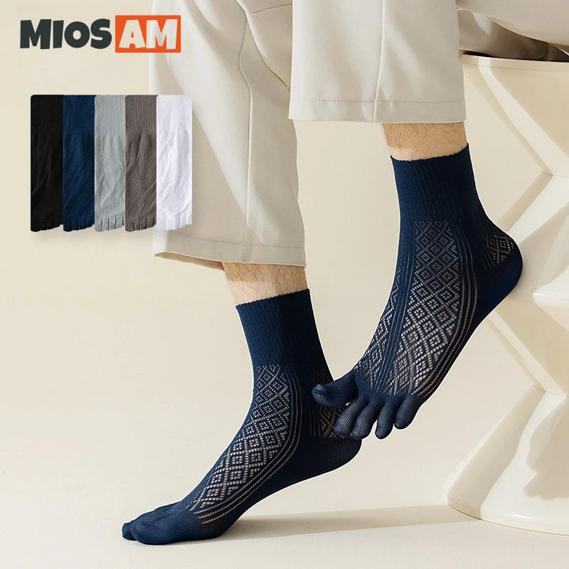 New Arrive Fashion Design Men's Summer Breathable Hollow Out Mesh Nylon 5 Toes Dress Socks Casual Sports Anti-odor Crew Socks