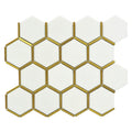New Design Hexagonal Honeycomb Brass Inlay Tiles  White Marble with Brush Gold Stainless Steel Mosaic Tile