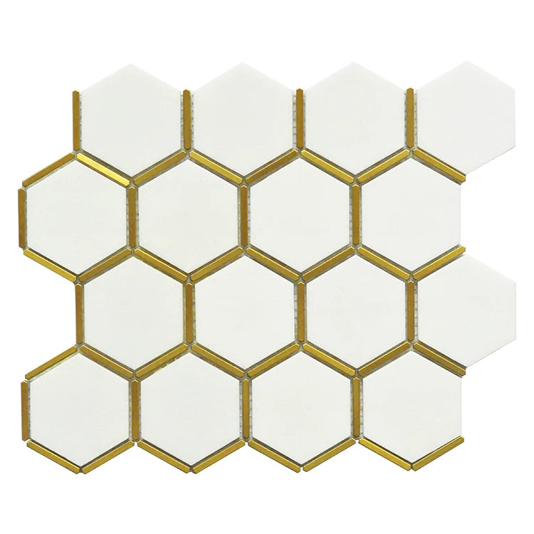 New Design Hexagonal Honeycomb Brass Inlay Tiles  White Marble with Brush Gold Stainless Steel Mosaic Tile