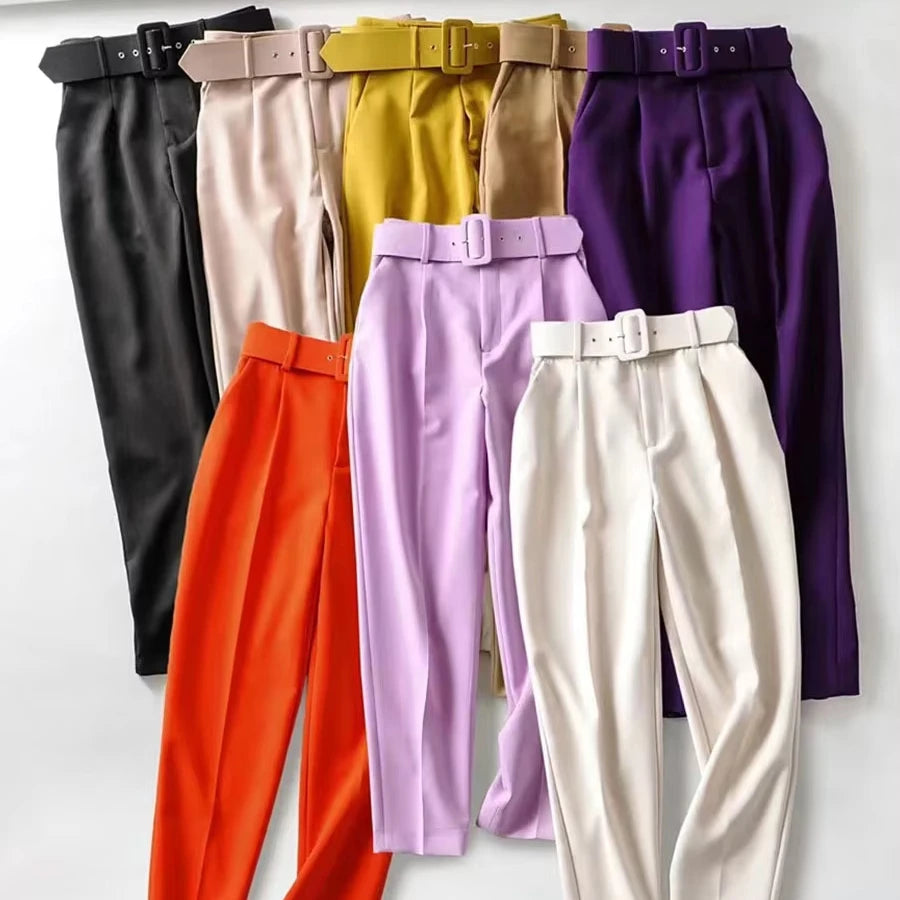 S-3XL Black Suit Pants Women High Waist Sashes Pockets Office Ladies Fashion Middle Aged pink Yellow Casual Pants With Belt