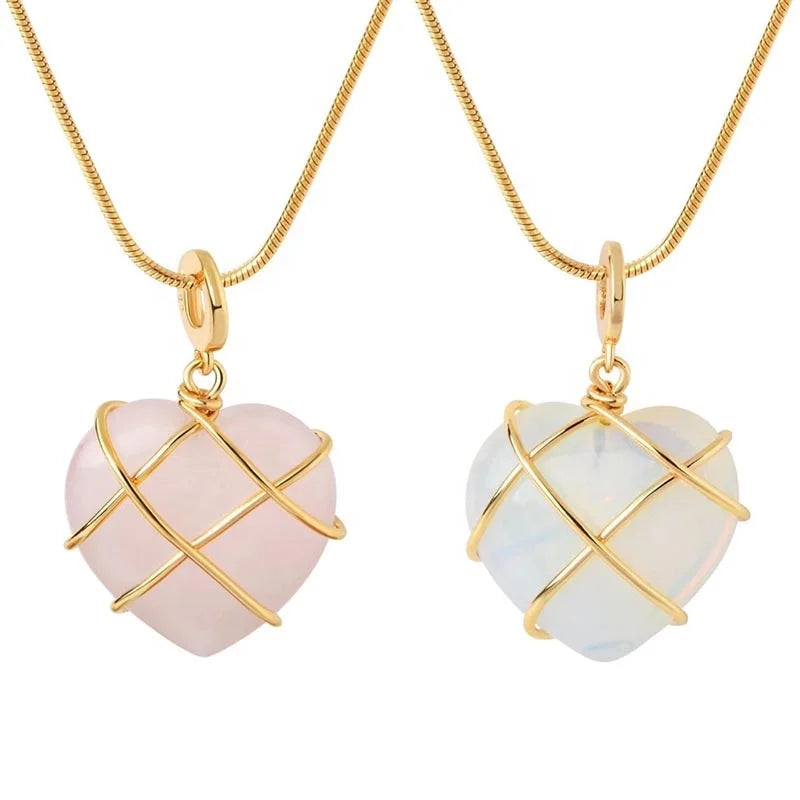 New Fashion Natural Stone Rose Quartz Opal Crystal Winding Heart Pendant Necklace for Women Diy Gemstone Jewelry