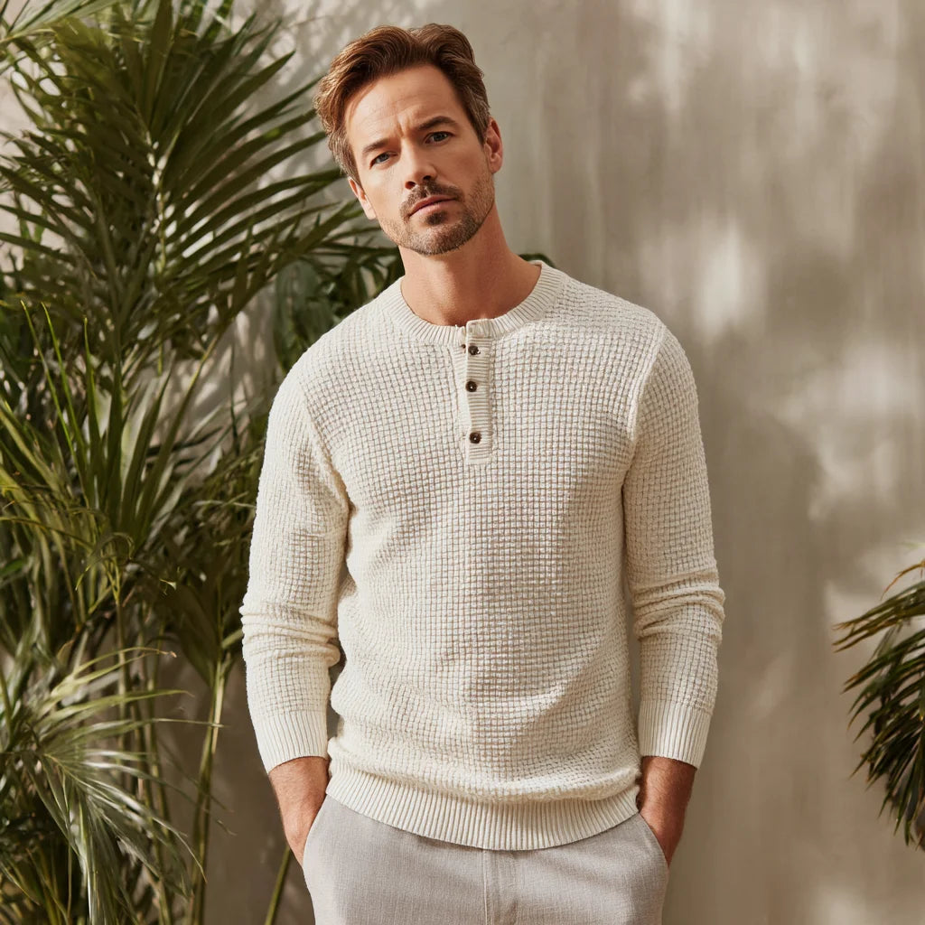 Men's Breathable Cotton-Linen Textured Henley Knit Sweater for Casual Spring Wear