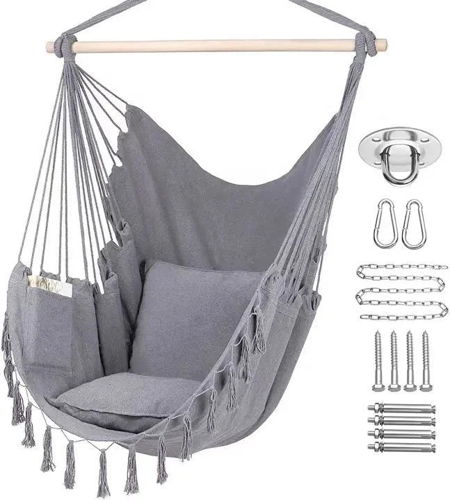 Brazilian Boho Cotton Canvas Hammock Chair Swing Hanging Hammock with 2 Pillows for Indoor and Outdoor for Camping and Travel