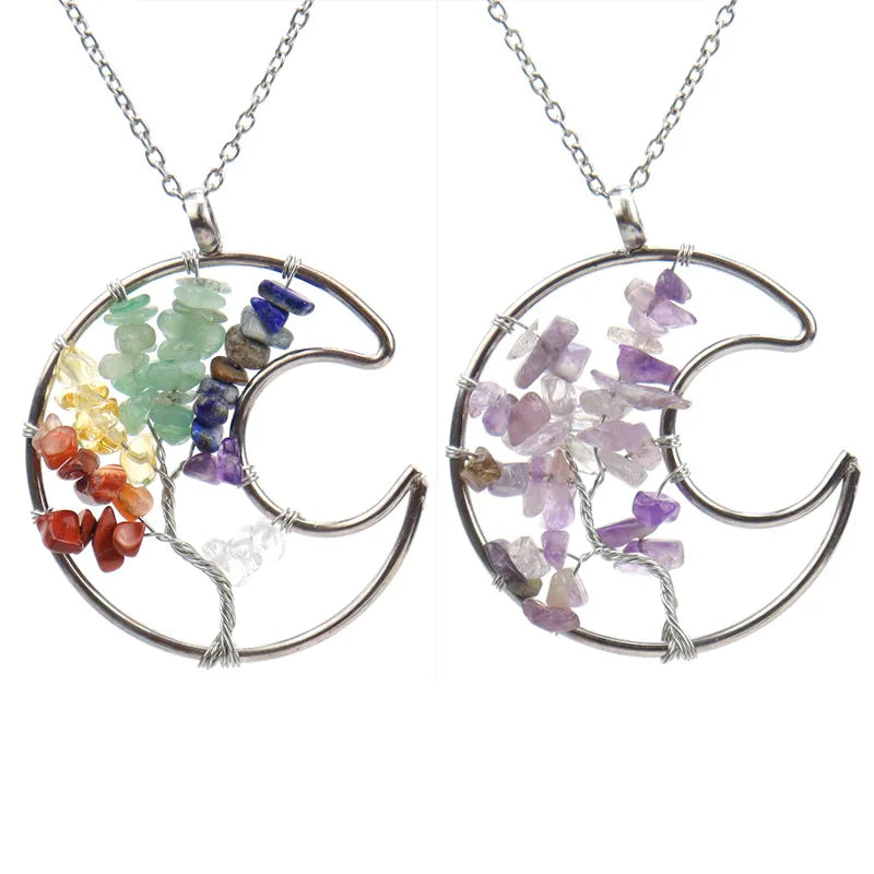 Fashion Moon Pendants Natural Stone Tree of Life Wire Wrapped Crystal Gravel Pendant Necklace Gemstone Jewelry