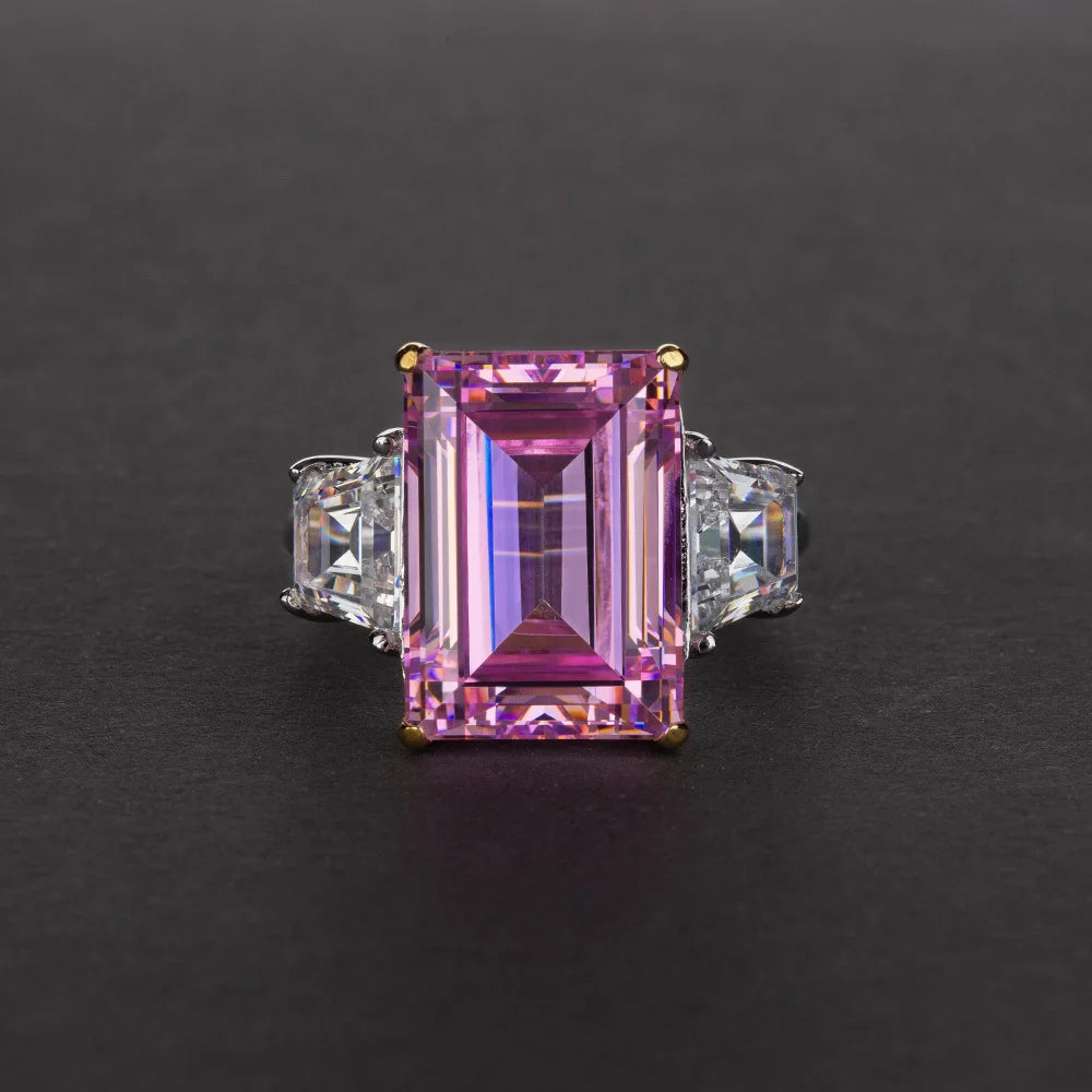 Hot Selling 925 Sterling Silver 14 CT Ring with Pink Rectangular 10*14 Diamond Beautiful All-Match Simple Graceful Wedding Ring