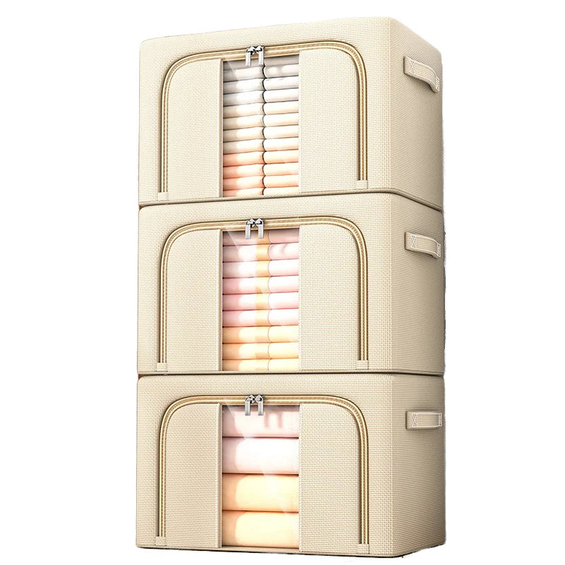 Modern Linen Foldable Storage Box with Steel Frame Foldable Clothes Bedding Organizer for Home Wardrobe Drawer Container