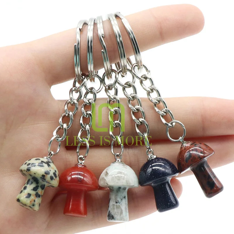 Multi Color Cute Natural Chakra Stone Healing Crystal Mushroom Pendant Keychain Ornament for Bag Decoration