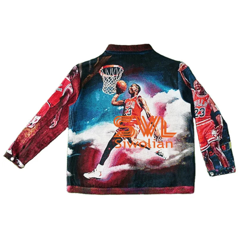 Streetwear Heavy Jacket With Zipper Men's Custom Tapestry Jacket Jacquard Blanket Sweatshirt Plus Size Tapestry Sweater Coat