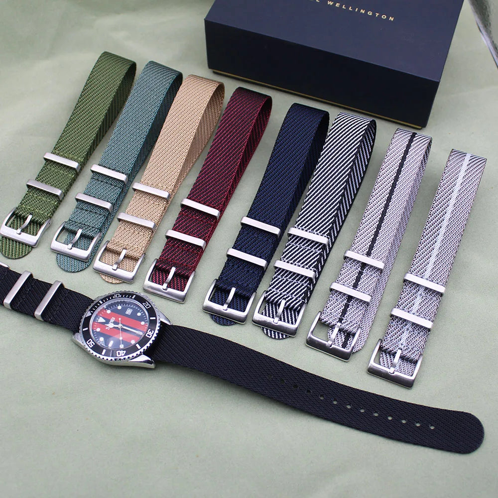 11 Colors in Stock Twill Pattern Single Pass Nylon Watch Bands 18mm 20mm 22mm Premium Durable Nylon Fabric Watch Strap