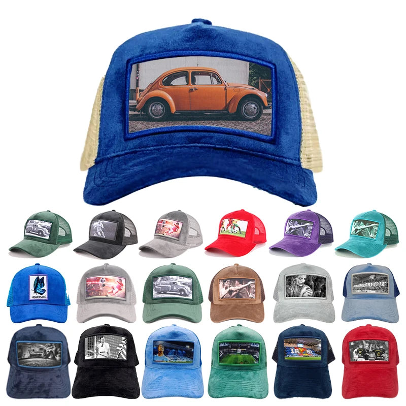 Factory Direct Mesh Back Velvet Trucker Caps Custom Embroidery logo 5 Panels Applique Patches Black White Velvet Trucker Hats