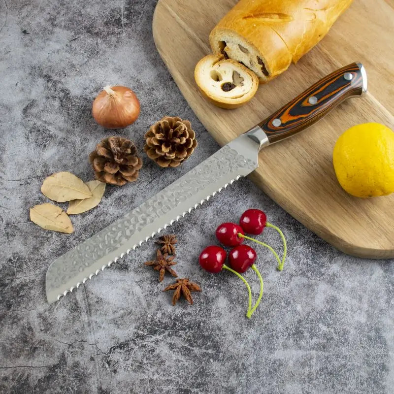 8 Inch 5cr15 Stainless Steel Hammer Pattern Kitchen Bread Knife With Ergonomic Pakka Wood Handle