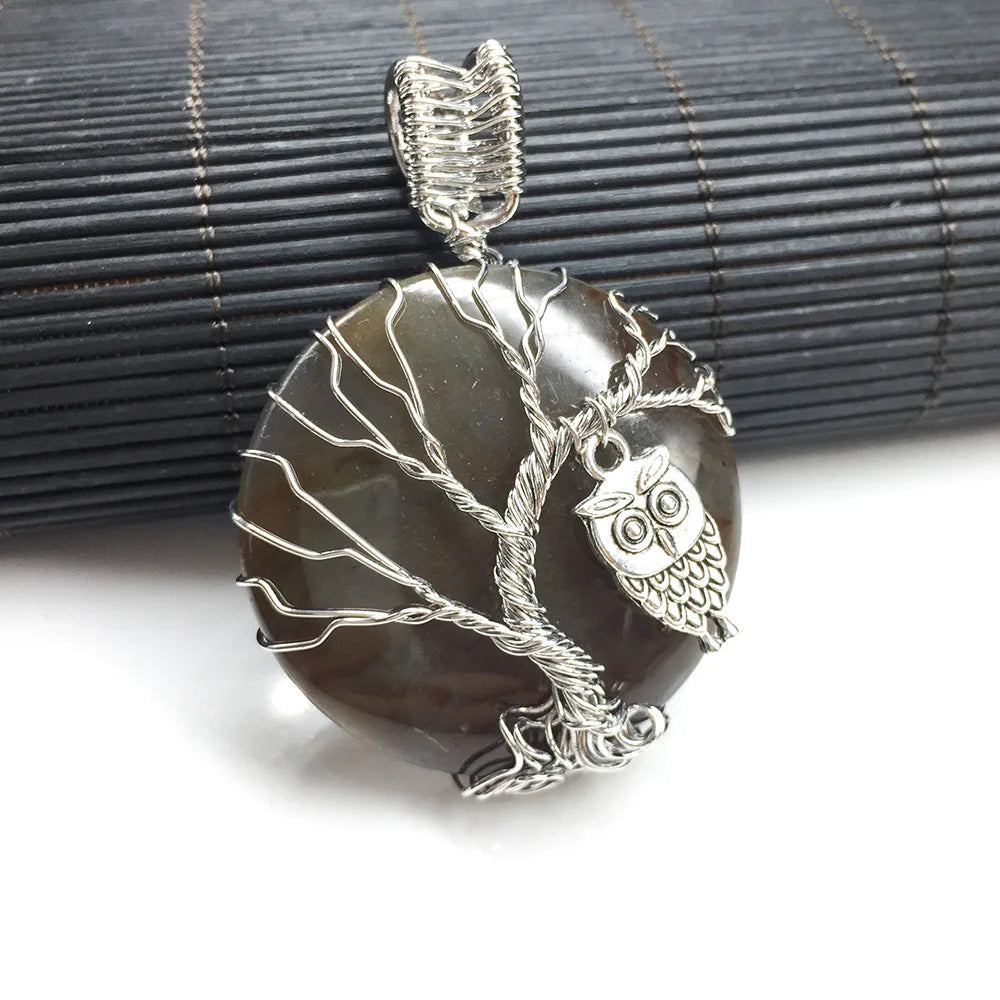 Hongzhuo Wholesale Crystal Natural Healing Crystal Pendant for Women Wire Wrapped Jewelry Tree of Life Grey Agate Owl Necklace Pendant