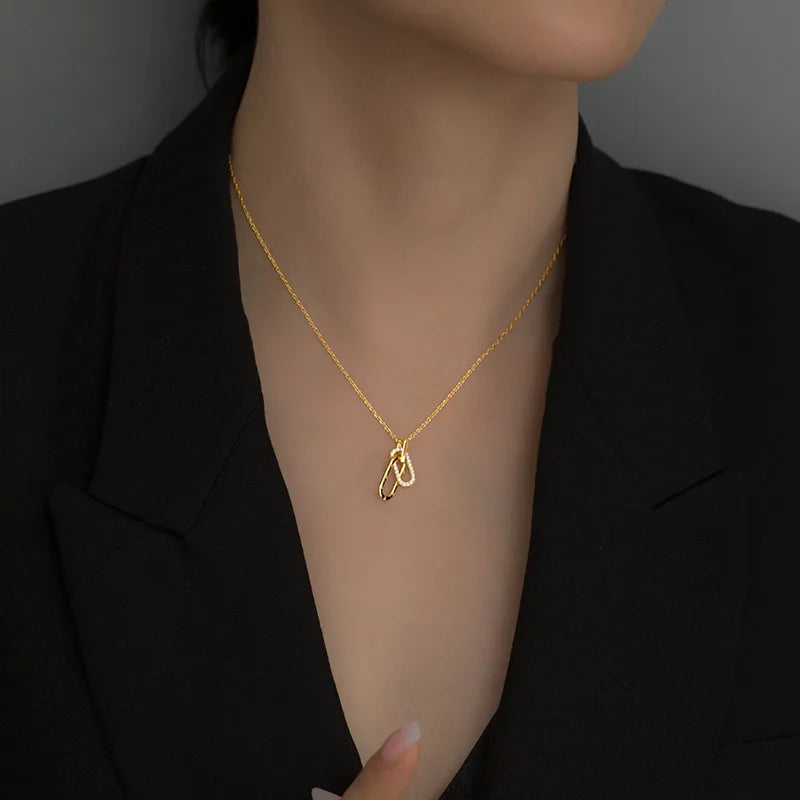 Fashion Jewelry 925 Sterling Silver Necklace Geometric square Loop Double Circle Diamond Gold Plated Necklaces