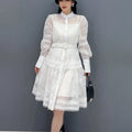 New Women's Dress With Hollow Lace Spliced A-line Belt Midlength Dress Fashionable Elegant Casual Dress