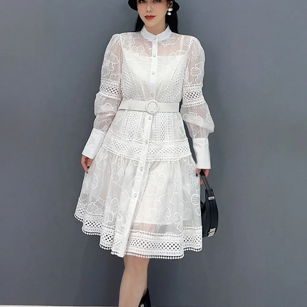 New Women's Dress With Hollow Lace Spliced A-line Belt Midlength Dress Fashionable Elegant Casual Dress