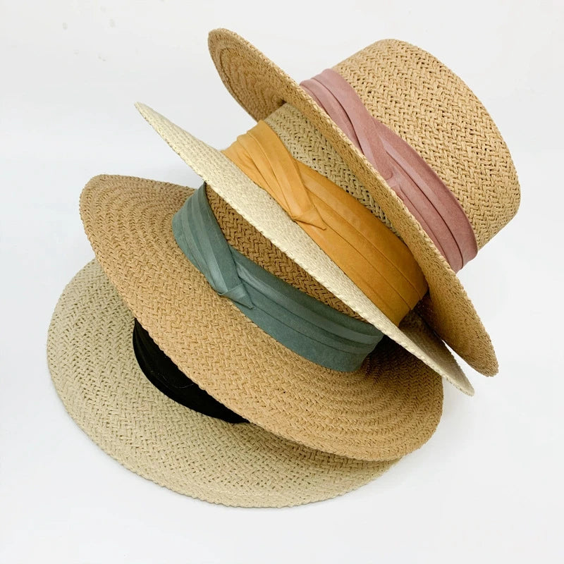 Fashion Summer Holiday Hand Woven Flat Top Hats French Concave Straw Floppy Wide Brim Sun Beach Female Travel Large Eaves Caps