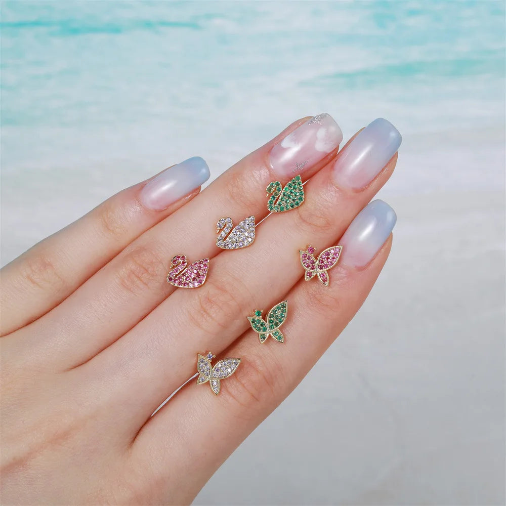 18K Gold Plated Tiny Crown Cubic Zirconia Earrings Sensitive Small Cartilage Gemstone Butterfly for Women Girl
