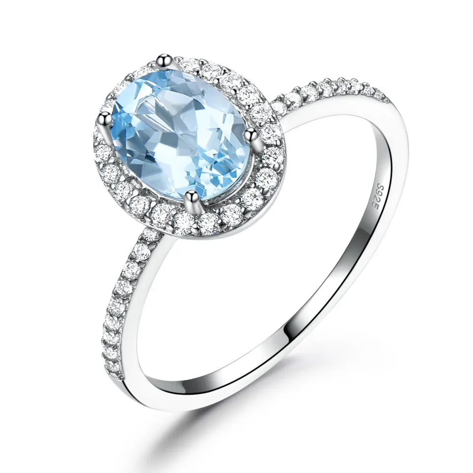 New Design 925 Sterling Silver Fine Jewelry Sky Blue Topaz Gemstone Diamond Engagement Oval Rings for Women