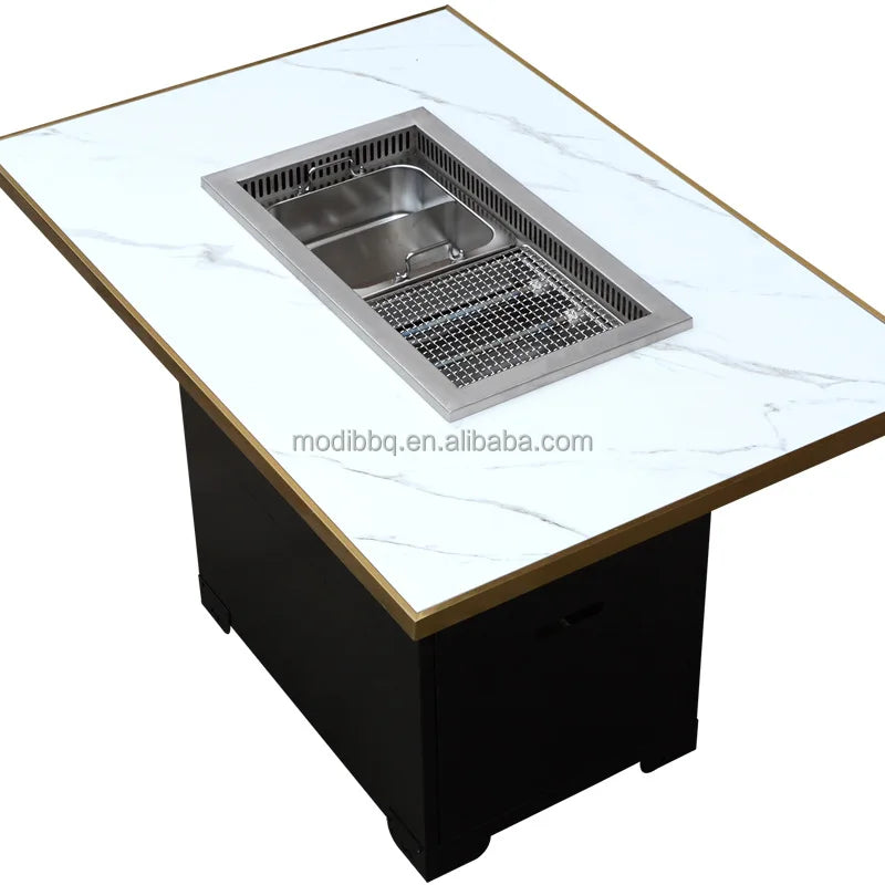 Commercial Outdoor Korean Smokeless Barbecue Table Hot Pot Mesh Electric Grill Table 3600W Built-In for Restaurant