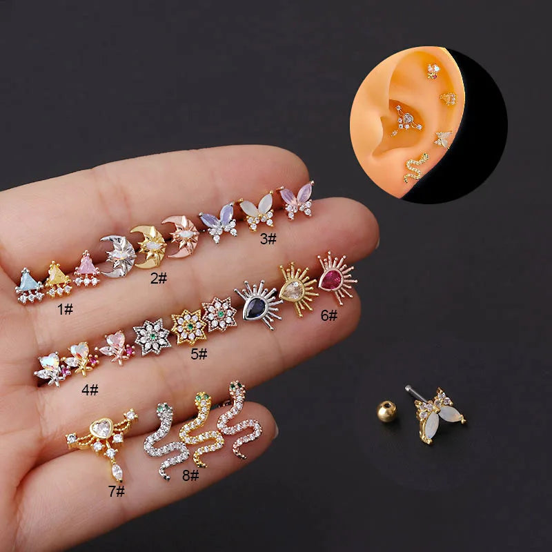 Wholesale Stainless Steel Colorful Zircon Earring Heart Moon Butterfly Piercing Screw Ball Ear Bone Nail Stud Earring