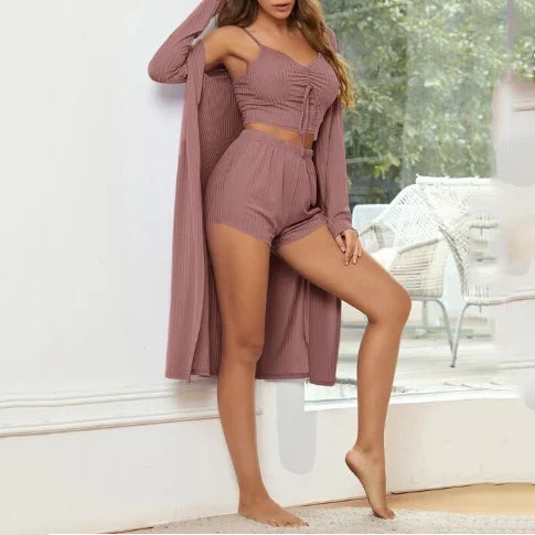 Factory Custom Wholesale Woman Three 3 Piece Ribbed Sexy Cotton Pyjama Loungewear Sexy Tops Shorts Robes Casual Pajama Suits