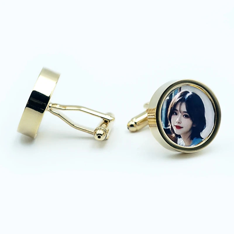 High Quality Gold Plated Photo Cufflink Clip Set Custom Logo Button Photo Holder Display for French Shirt Wedding Party Gifts