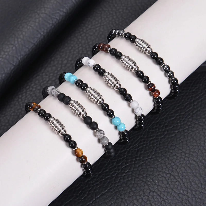 Men's 6mm Obsidian Tiger Eye Beaded Bracelet Fashion Stainless Steel Jewelry Gold Plating Copper Letter Shape Featuring Pearl