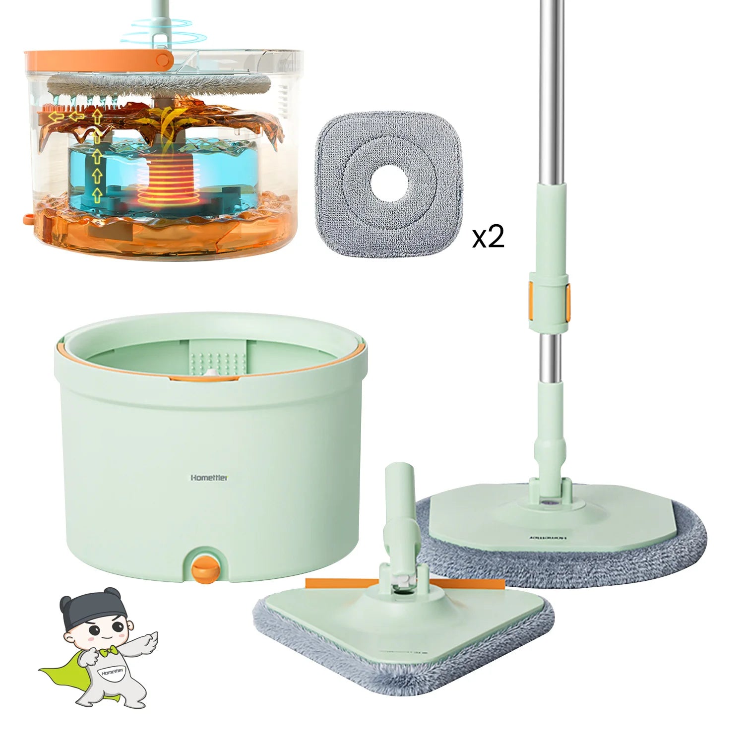 Homettler Flat Mop with Bucket Dry/Wet Cleaning Spin and Go Mop Decontamination Separation Wash Floor Rotating Squeeze Mops