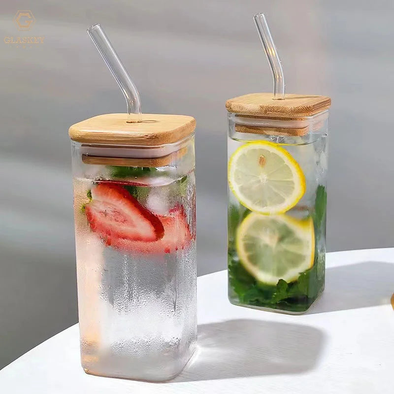 Clear 350ML Square Glass Cups with Lid and Straw Coffee Mug Beer Can Drinking Glasses With Lids Straw