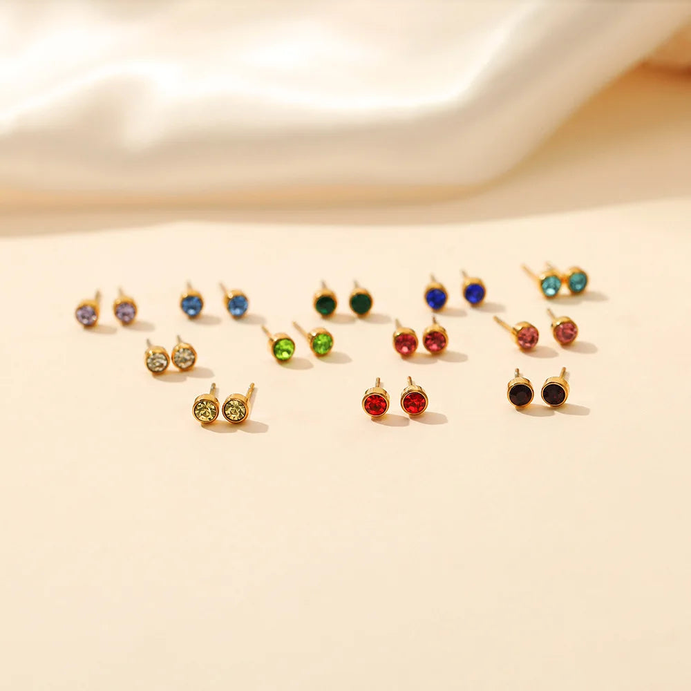 12 Colors Stainless Steel Rainbow Rhinestone Stud Earrings Stainless Steel Multi Colors Birthstone Stud Earrings for Girls