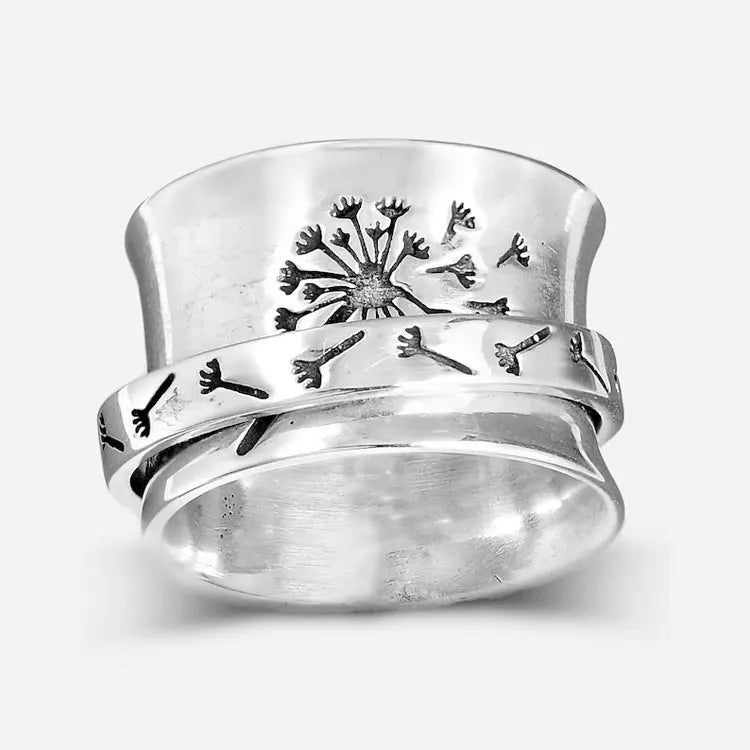 SC Retro Engraved Dandelion Flower Ring Silver Chunky Meditation Anxiety Rings Double Layer Dandelion Spinner Fidget Rings Women