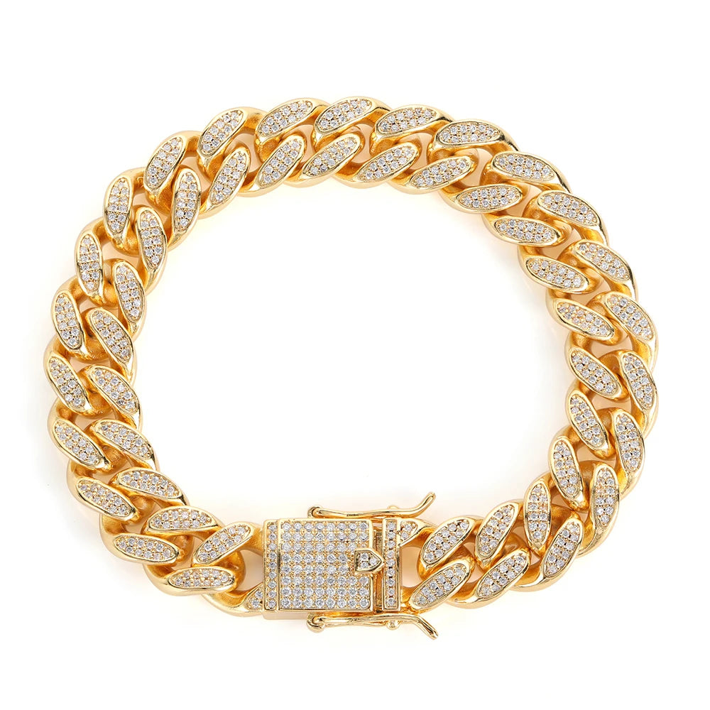 NUOYA Trendy 12MM Gold Plated Cuban Chain Double Row Full Diamond Men's Hip Hop Bracelet Wholesale Fashion Jewelry