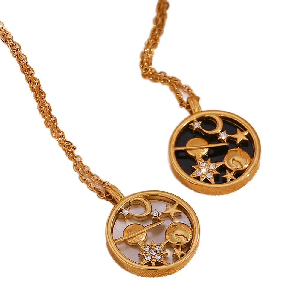 2023 New Arrivals Shell Necklace Universe Zircon Coin Necklace Tarnish Free 18K Gold Plated Stainless Steel Necklace Women