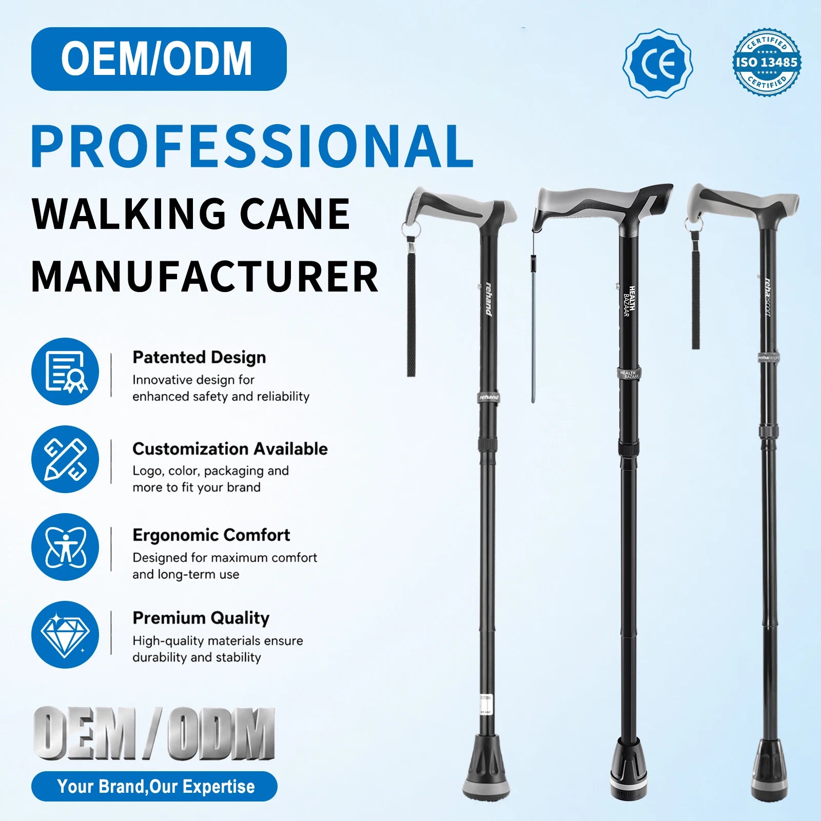 Elegant Stylish Rehaescort Aluminum Adjustable Folding Retractable Sword Cane for Disabled 158KG Load Capacity 145-195cm Height