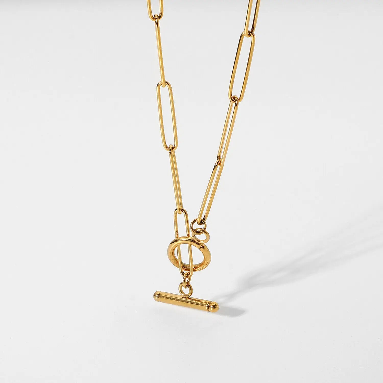 Fashion Waterproof Jewelry 18K Gold Plated Stainless Steel Paper Clip OT Buckle Chain Clavicle Necklace YF2282