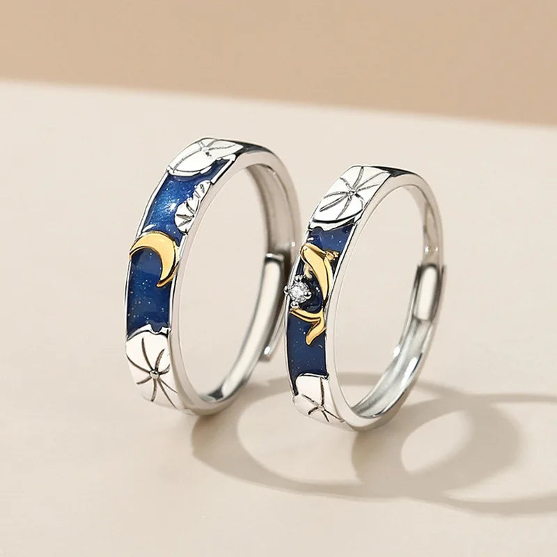 Silver Plated Couple Ring for Wedding Lotus Pond Moonlight Couple Rings for Men Women Open Adjustable Ring Valentine's Day Gift
