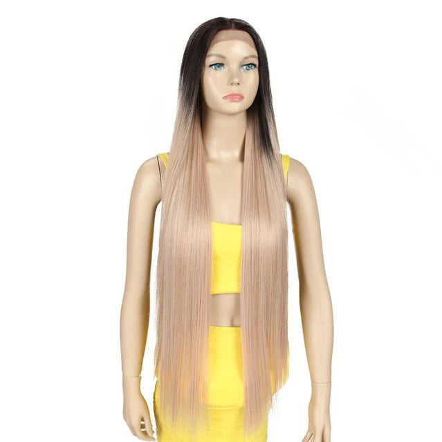 Long Silky Straight HD Transparent Swiss Synthetic Lace Front Wig Purple Ombre Hair Wig Blonde T Part Lace Synthetic Hair Wig