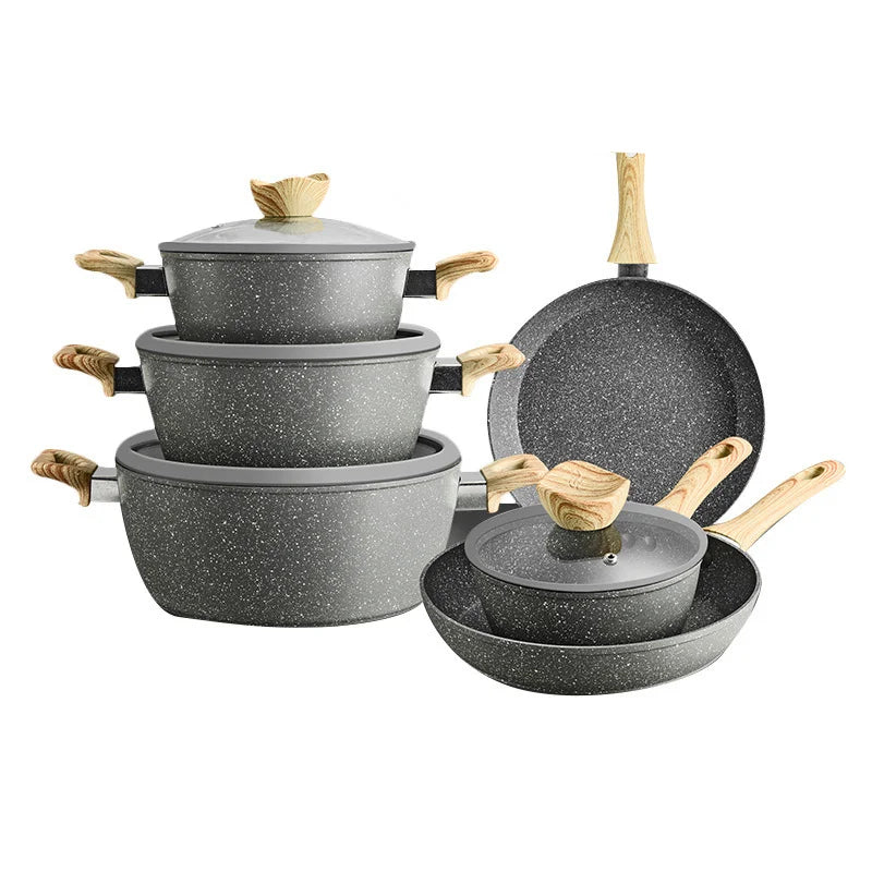 Wholesale High Quality NonStick Aluminum Cookware Pot Medical Stone Eco-friendly Cookware Pans and Pot Set With Silicone Rim Lid